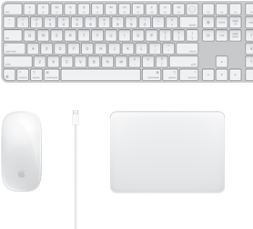 Bureau met Magic Mouse, USB-C-kabel, Magic Trackpad en Magic Keyboard met numeriek toetsenblok