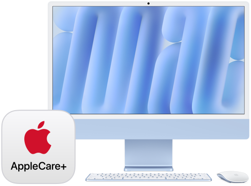 AppleCare+-badge, met iMac die naar voren is gericht, en een bijpassende Magic Keyboard en Magic Mouse