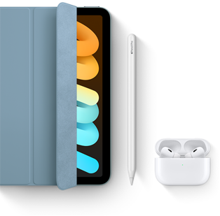 iPad mini in combinatie met Smart Folio, Apple Pencil Pro en AirPods Pro