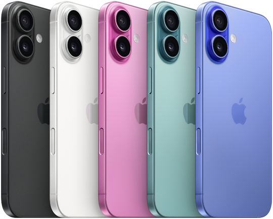 Achterkant van iPhone 16, verhoogd geavanceerd dual camera-systeem, Apple logo in het midden, alle vijf kleuren, zwart, wit, roze, blauwgroen, ultramarijn